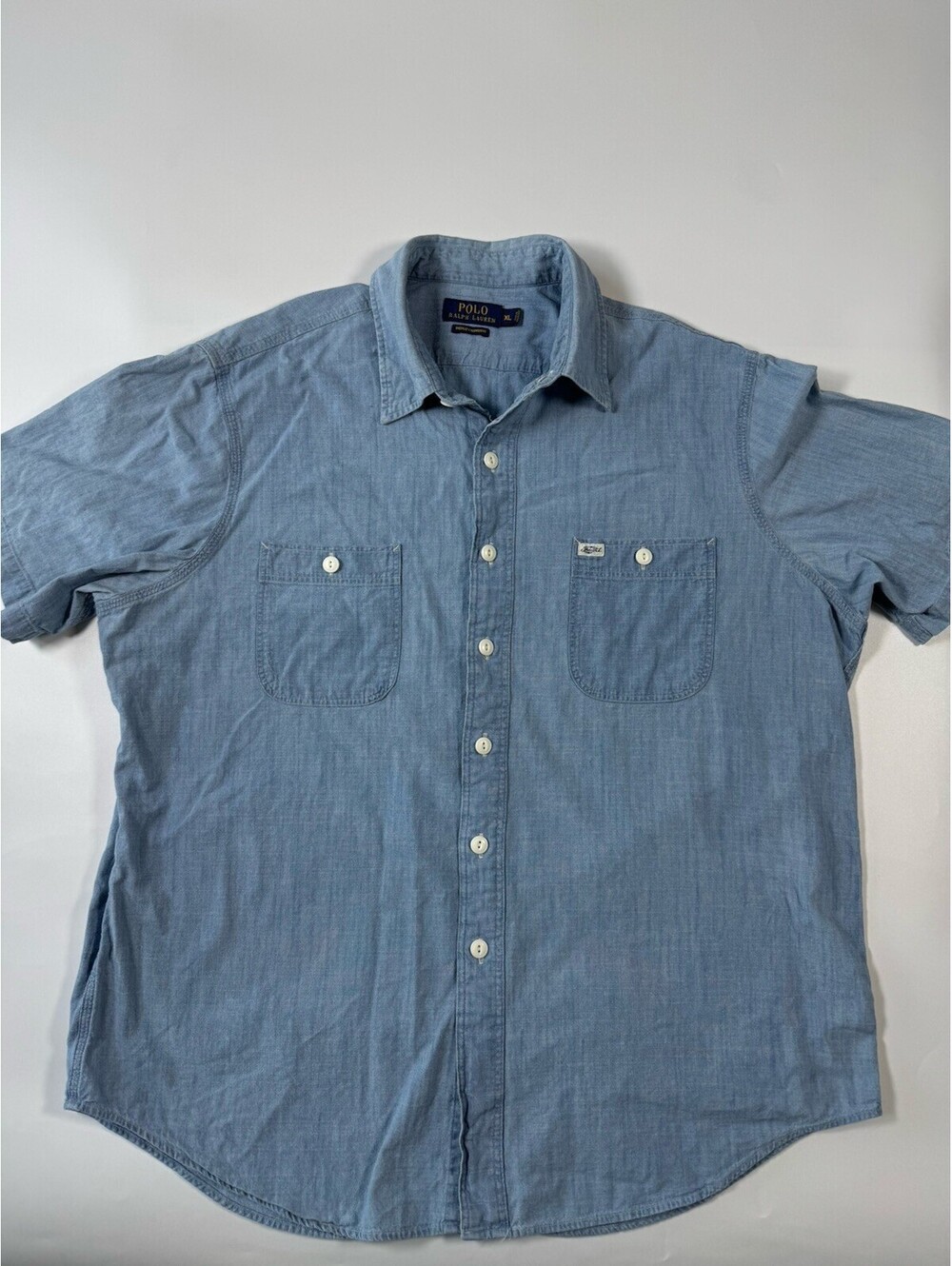 Polo Ralph Lauren Mens XL Indigo Chambray Work Shirt Blue Short Sleeve Cotton